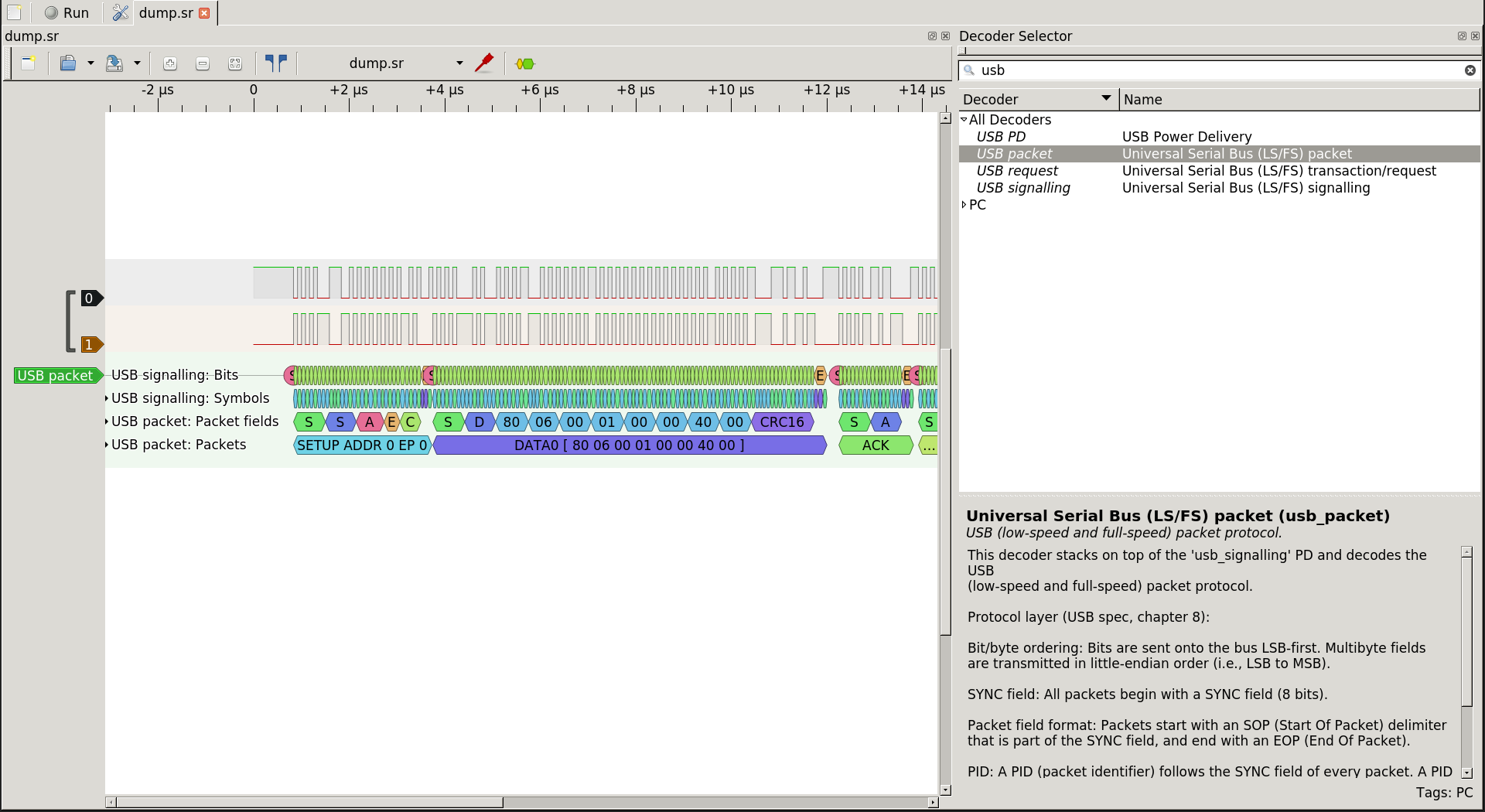 PulseView USB decode